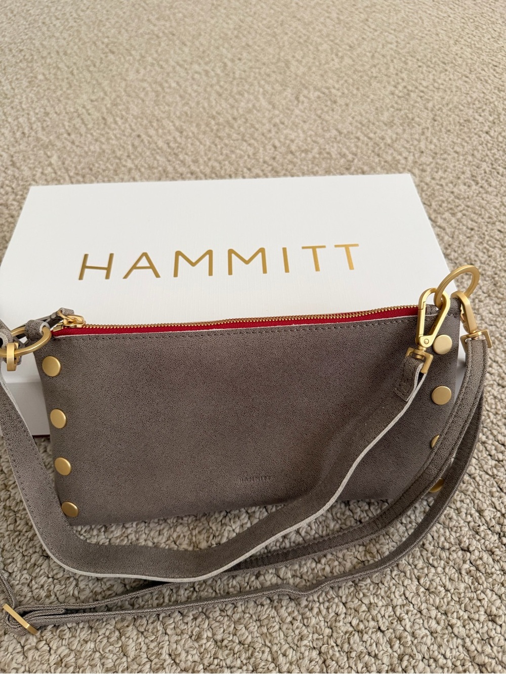 Hammitt Gray Suede Crossbody with Red Zip and Gold Hardware